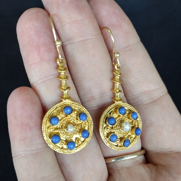 Elegant Gold and Blue Dangle Earrings - Picture 3 of 6